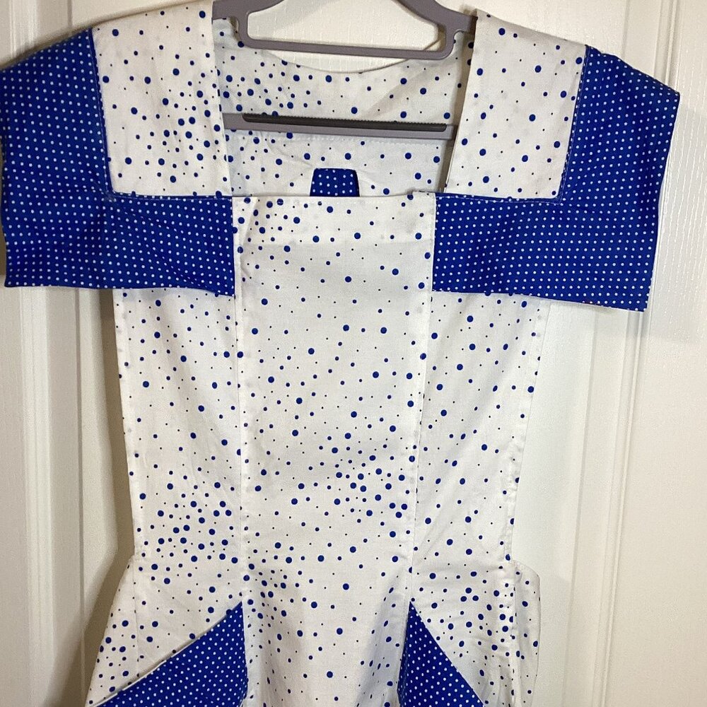 Handmade 1960's Retro Style Apron White Blue Dots Kitchen Linens Cottage Core - Picture 2 of 8
